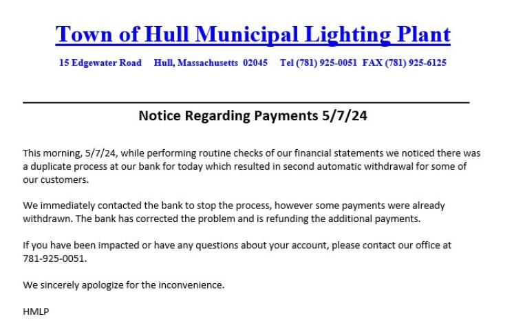 Notice Regarding 5/7/24 Duplicate Payments